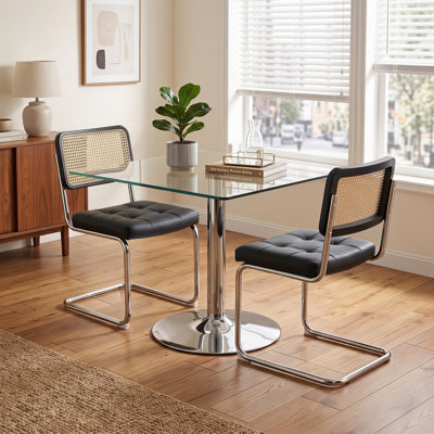 39" Tempered Glass Dining Table Set for 2 with Chrome Cane-Back Chairs