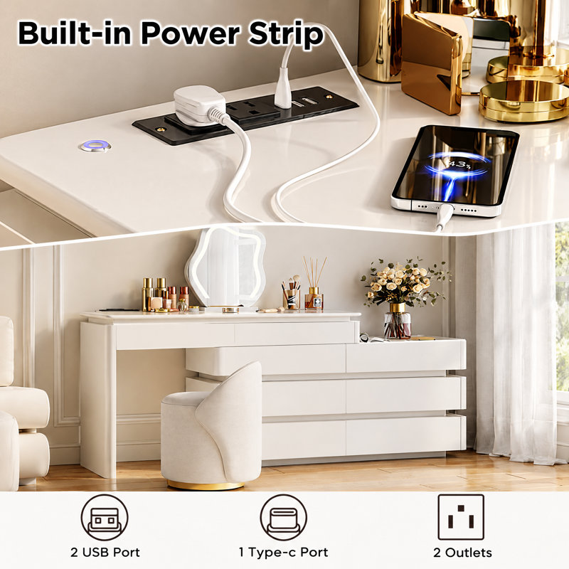 Retractable 47" Smart Dressing Table With LED Mirror, Dimmable Lights & Integrated Charging Station