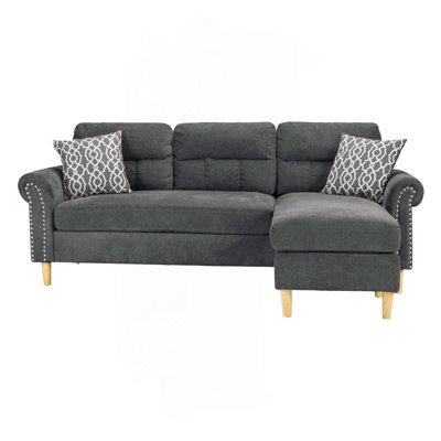 Slate Color Polyfiber Reversible Sectional Sofa Set Chaise Pillows Plush Cushion Couch Nailheads
