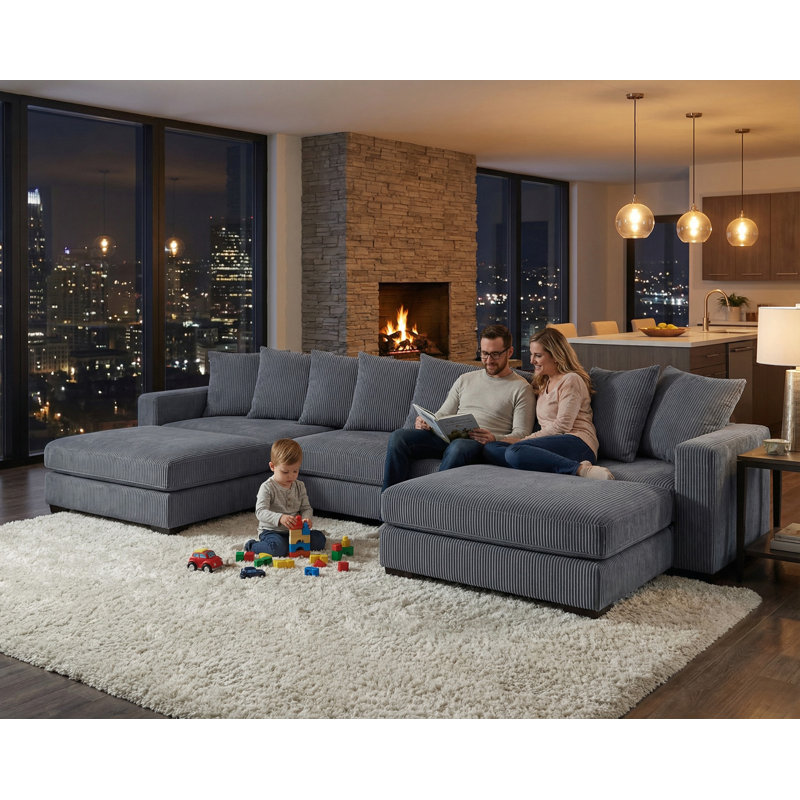 Oversized Modular Sectional Sofa, Corduroy, Navy/Dark Gray/Light Gray, Dark Gray