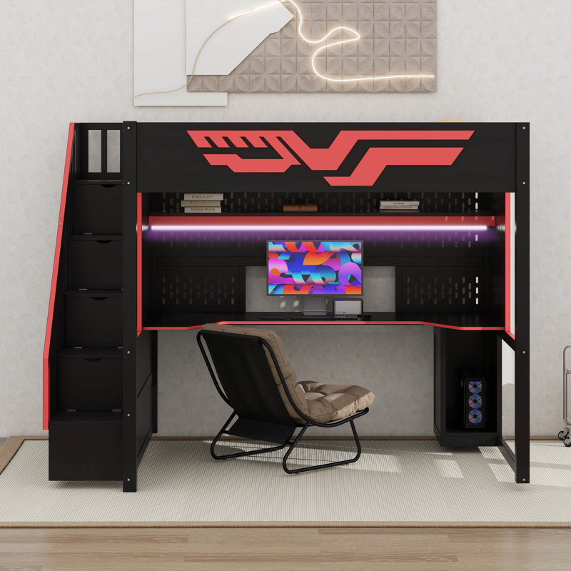 Full Size Wood Loft Bed With Desk And Staircase, Gaming Loft Bed With LED Lights And USB Ports