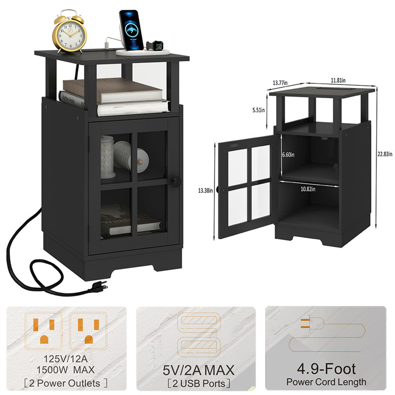 Multi-Functional Bedside Table With Charging Station & Storage, Black