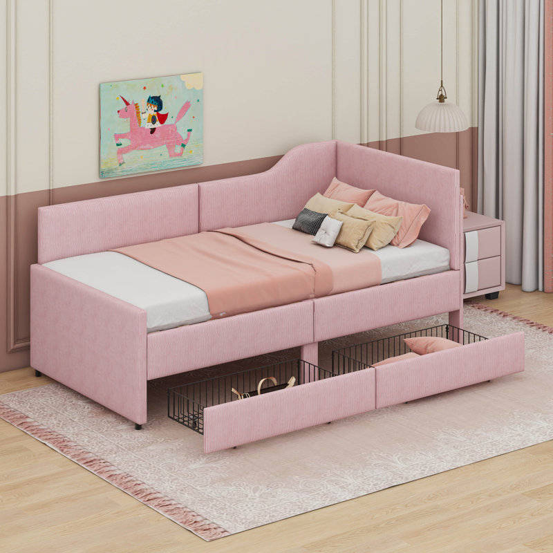 Lit de jour simple en L revêtu de velours côtelé avec 2 tiroirs, Rose