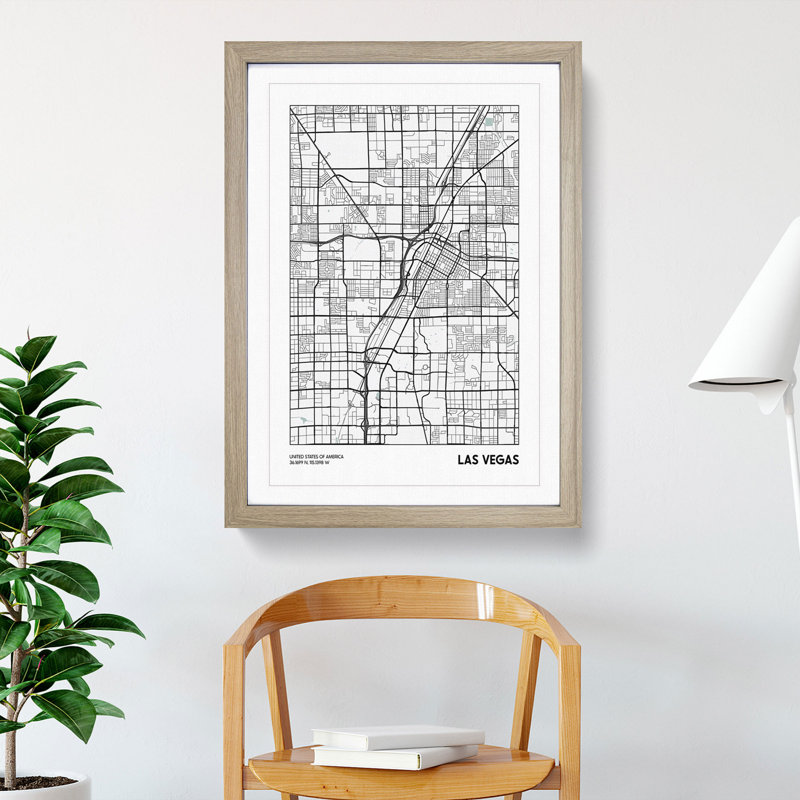 Map Las Vegas USA - Picture Frame Graphic Art, 90cm H x 65cm W x 2cm D, Oak
