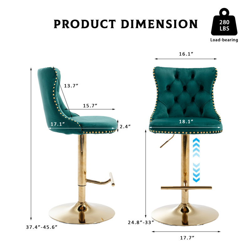Tabourets de bar pivotants réglables à 360 °, Doré, Vert, 6