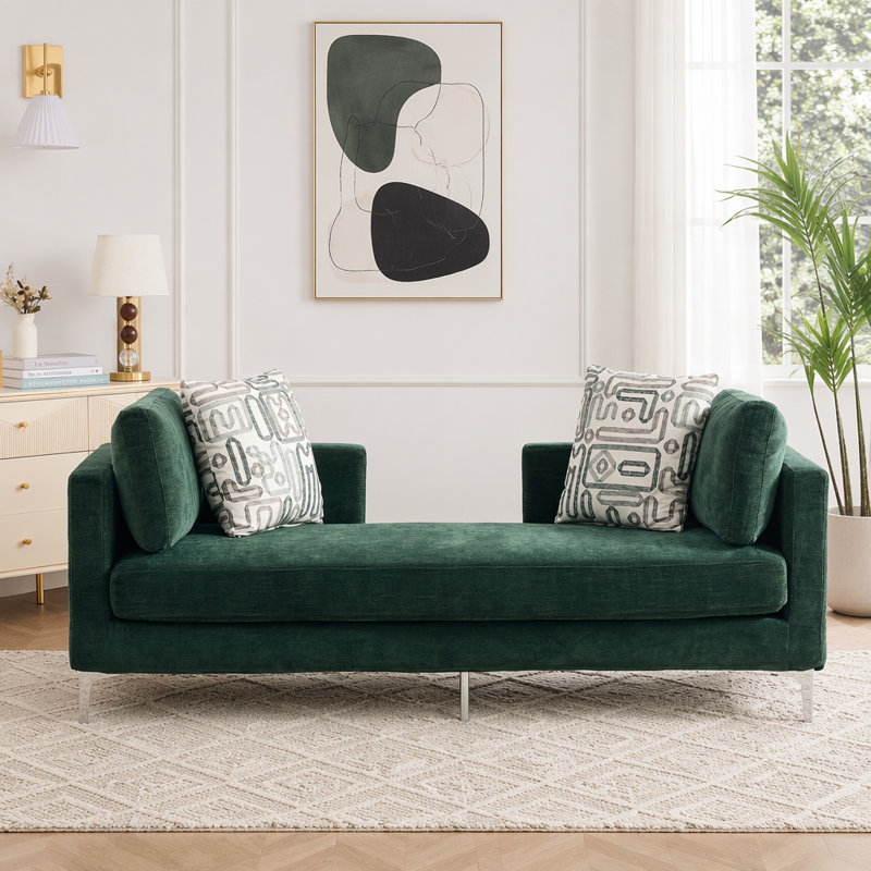 Chaise longue surdimensionnée en chenille avec dossier ouvert, accoudoirs et 4 coussins, Chenille verte