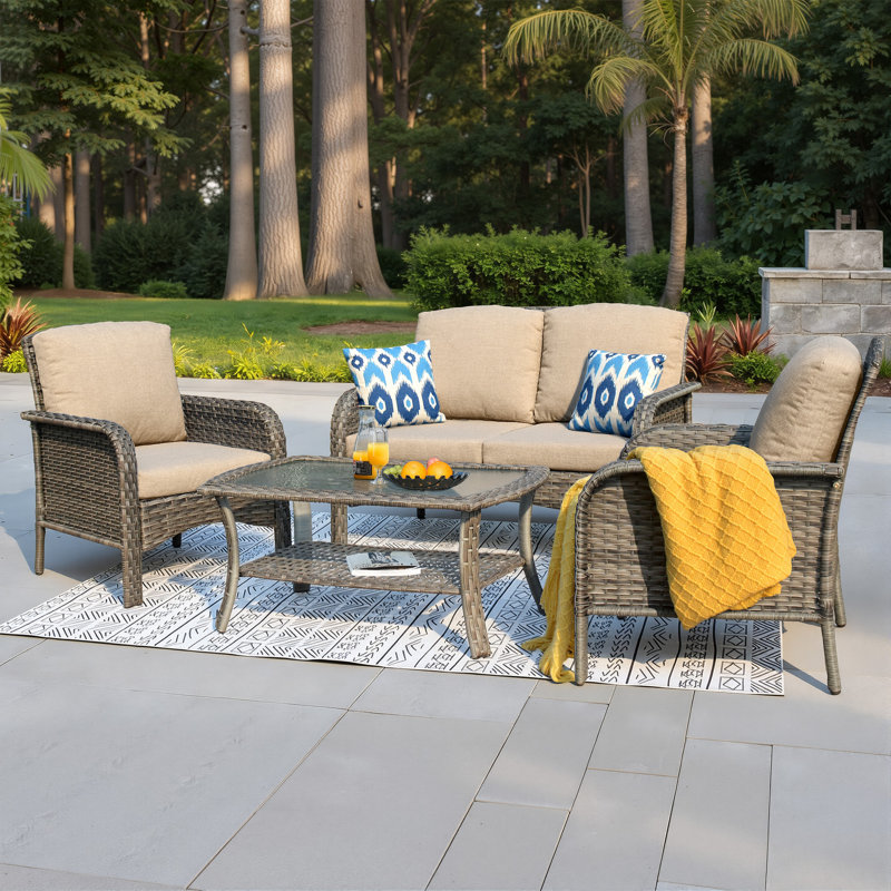 4-Piece Wicker Patio Conversation Set with Cushions and Glass Coffee Table, Beige