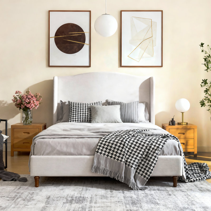 Lit plateforme tapissier à oreilles avec pieds en bois massif et tissu chenille, aucun sommier requis, grand, Grand lit