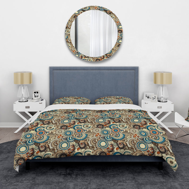 Fleurs rétro brun et bleu II - ensemble de housse de couette moderne - microfibre de polyester