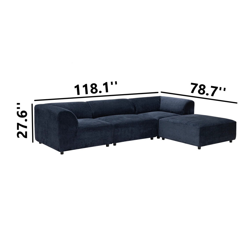 Upholstered L-Shaped Sectional, Right Hand Facing, Navy Blue