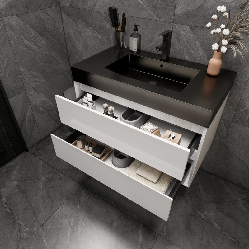 Golitz 35.5'' Single Bathroom Vanity with Stainless Steel Top, Glossy White