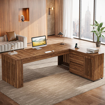 70.87" Executive Desk with Mobile File Cabinet, Large L-Shaped Computer Office Desk with Rolling Storage Drawers,
