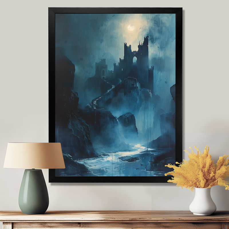 Décoration murale château de vampire bleu Dracula, H 20 po x l 12 po x P 1 po, Toile encadrée noire simple