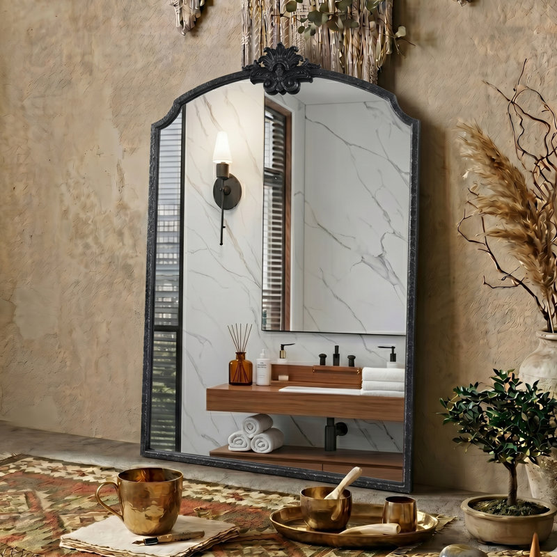 Lindon Arched Iron Wall Mirror, Antique Black, 36" x 24"