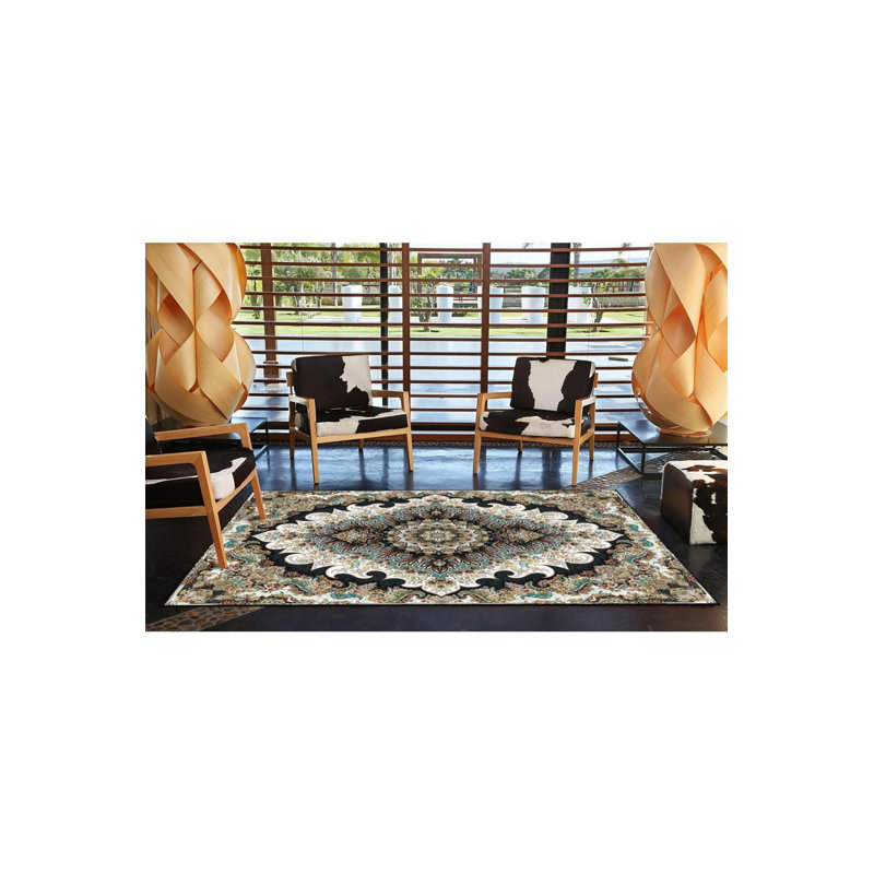 Dark Traditional Patterned Modern Woven Base Decorative Washable Rug Machine Washable, Square 3'3" Rud Pad Included