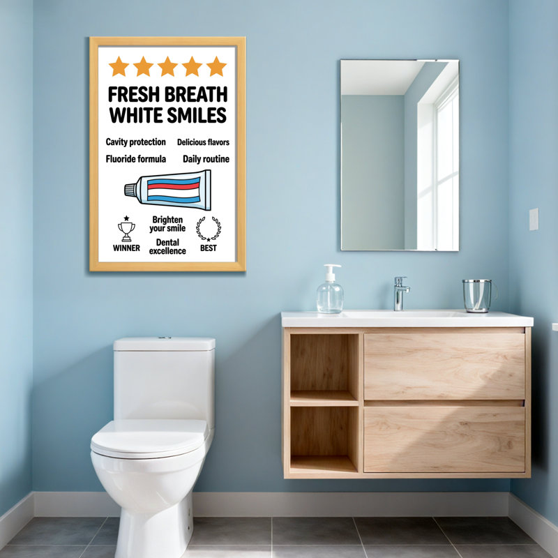 Conception de dentifrice pour salle de bain, H 30 po x l 20 po, Grain de bois clair, Impression encadrée sans passe-partout