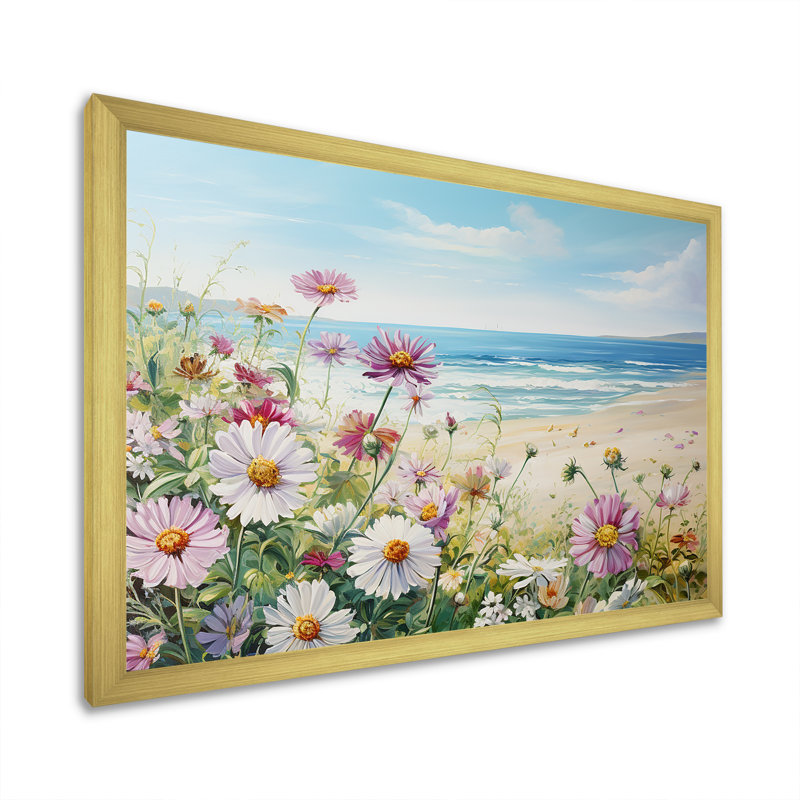 Zinnias sur la plage sur toile, Cadre doré simple, H 16 po x l 32 po x P 1 po
