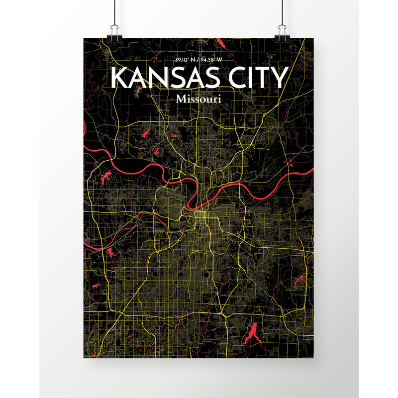 Carte de Kansas City City, impression d’art graphique en noir, H 17 po x l 11 po
