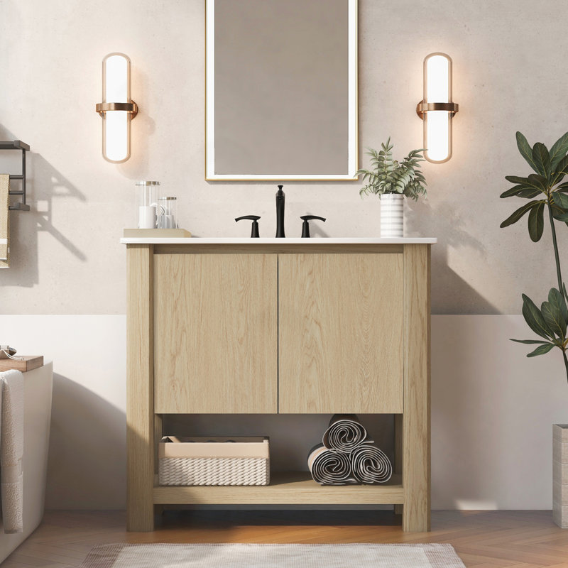Rectangle Vanity Set with Open Shelf, Antique Natural