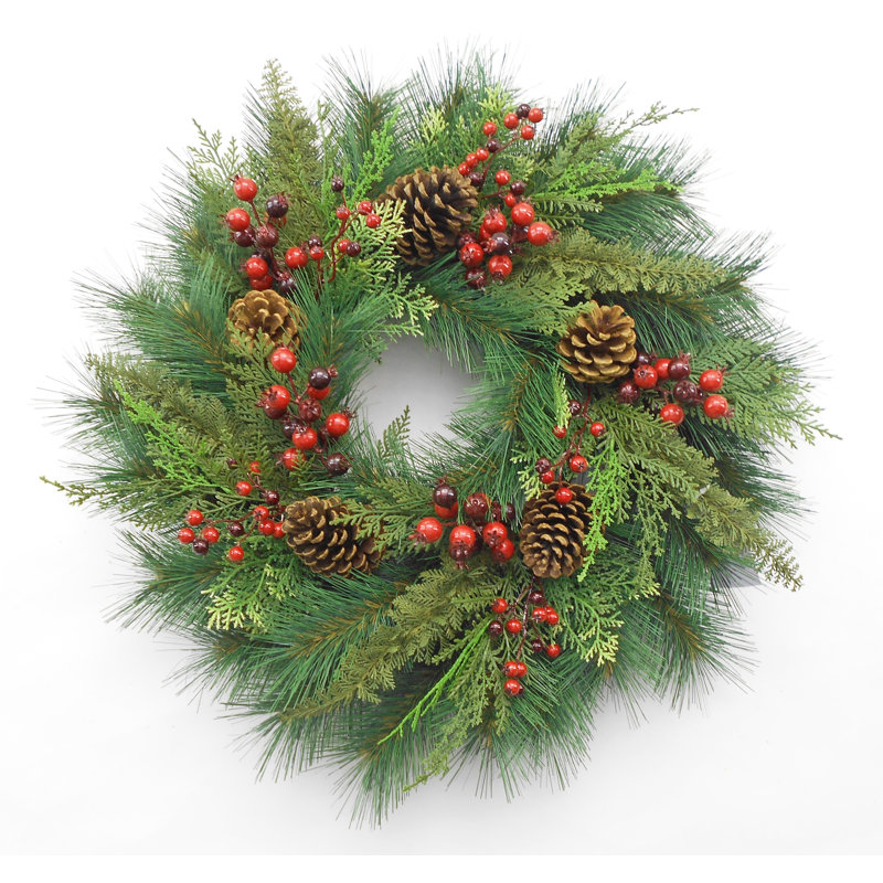 Couronne de Noël pomme de pin rouge cèdre pomme de pin, L 24 po x H 24 po x P 4,5 po