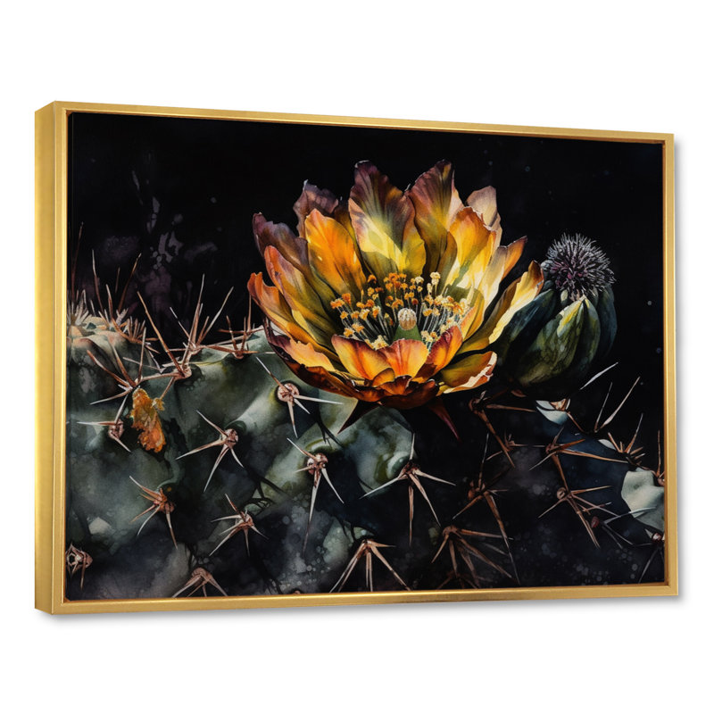 «Keyonia Yellow Green Cactus Flower I», reproduction sur toile, H 24 po x l 32 po x P 1 po, Cadre flottant doré