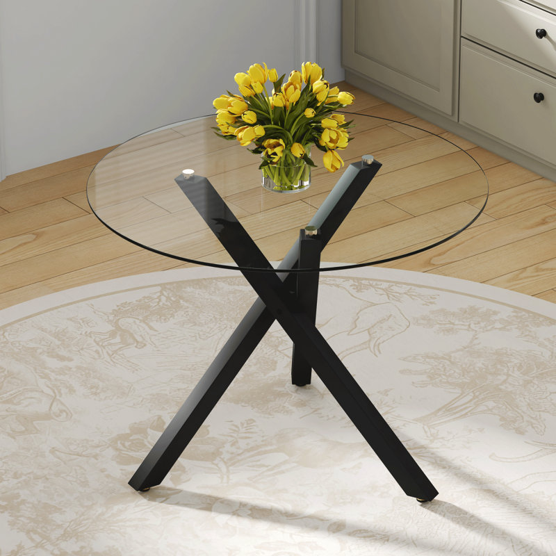 Table de salle à manger ronde en verre: 39 po de diamètre, 30 po de hauteur, structure en métal en forme de X, parfaite pour la salle à manger, la cuisine et les petits espaces, élégante et fonctionnelle.