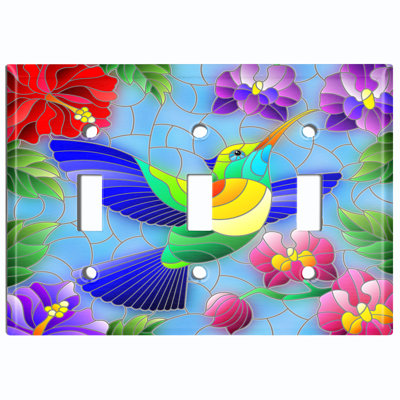 Metal Light Switch Plate Outlet Cover (Colourful Mosiac Flying Bird Tile Flowers - Single Toggle)