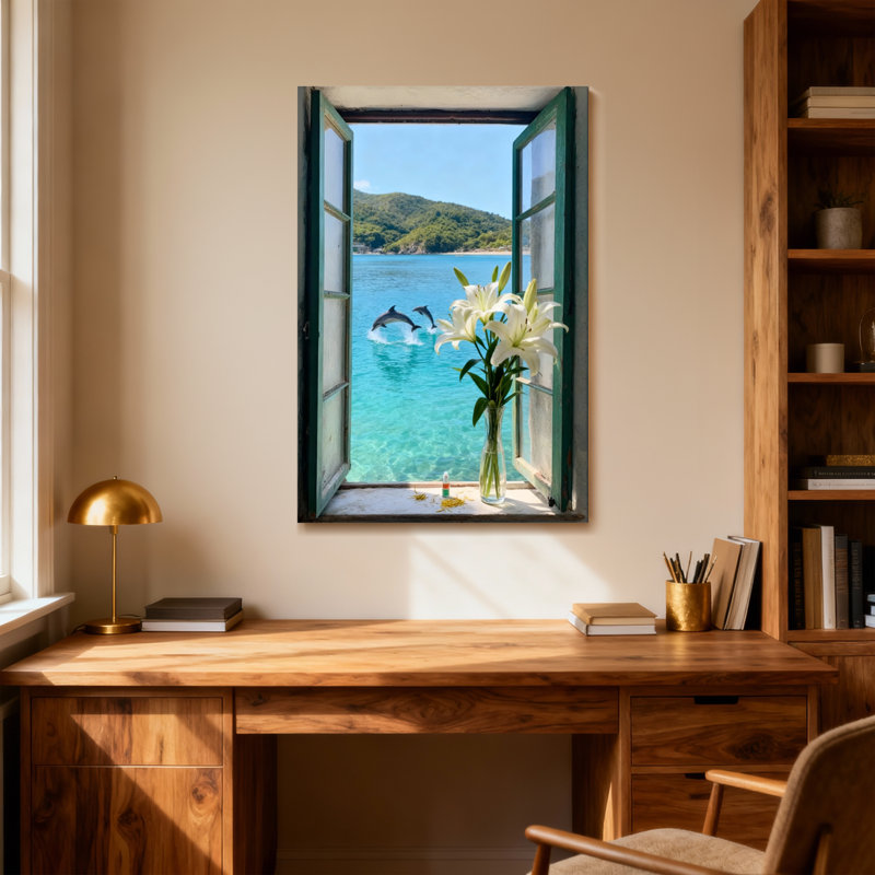 Paysage et nature, fenêtre, dauphins, lis de l'océan, scène naturelle, H 24 po x l 16 po