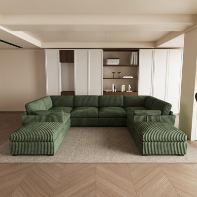 Knaack Plush Wide Corduroy Large Sectional Modular Sofa, Livingroom 8 Seats 137.8'' Wide Sofa Bed With Detachable Back/Seat Cushions