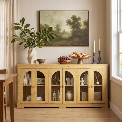 Buffet moderne de 173 cm (68 po) avec 6 portes vitrées cintrées, meuble de rangement et étagères réglables, grand buffet pour salon, cuisine ou entrée.