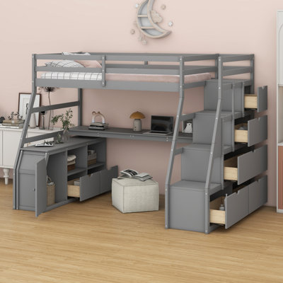 Loft Bed With Drawers, Shelves And Desk