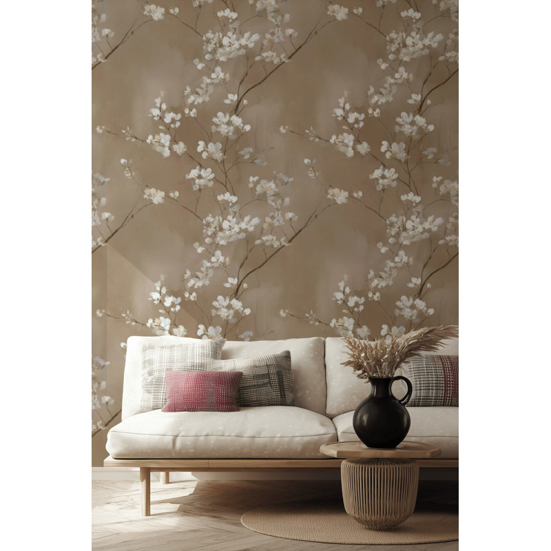 Papier peint floral beige avec branche de fleurs