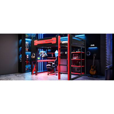 Lit mezzanine double noir et rouge avec tablettes à 4 niveaux et bande à DEL pour optimiser l'organisation du rangement