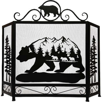 Metal Rustic Fireplace Screen 3-Panel Bear and Mountain Scenery Design