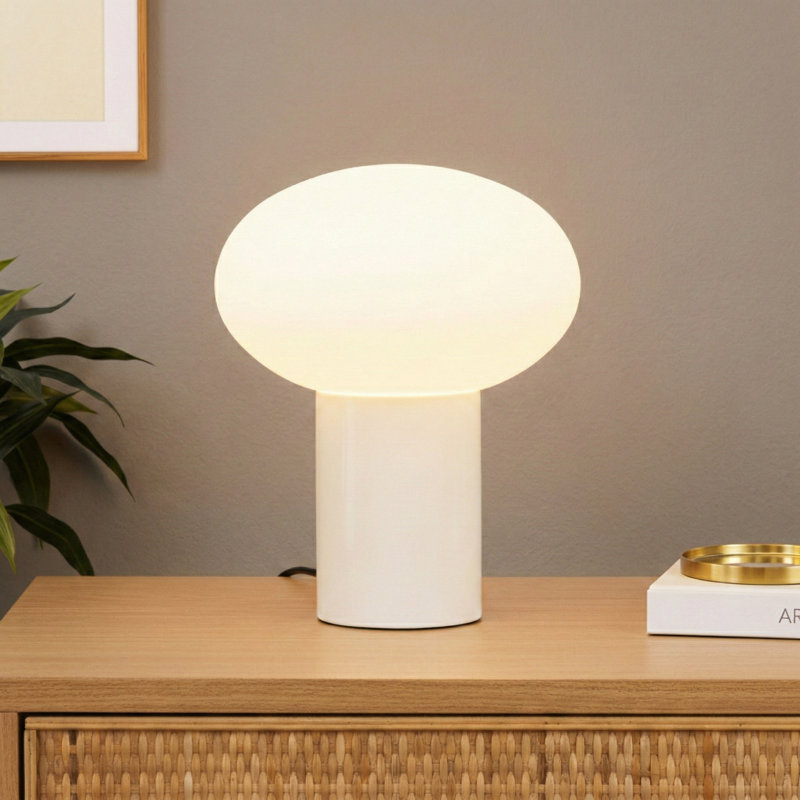 Lampe de table moderne à DEL 9,5 "avec abat-jour ovale en verre givré et port USB-C Ivy Cream, Blanc, Métal métal
