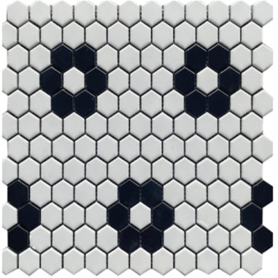 10.25X11.75'' Black And White Penny Hexagon Floral Porcelain Mosaic (Set Of 22)
