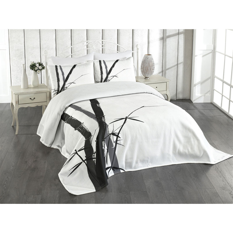 White Quilted Queen Bedspread Set with Charcoal Grey Bamboo Design