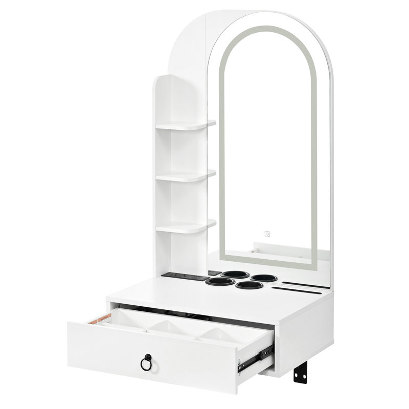 Meuble-lavabo flottant avec miroir lumineux arqué, tiroir et prise de courant, Blanc