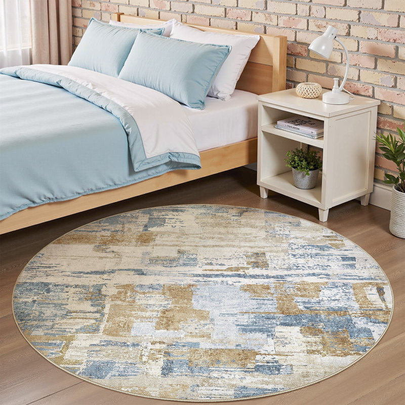 Tapis abstrait à motif abstrait Boho, Blue, Round 9'