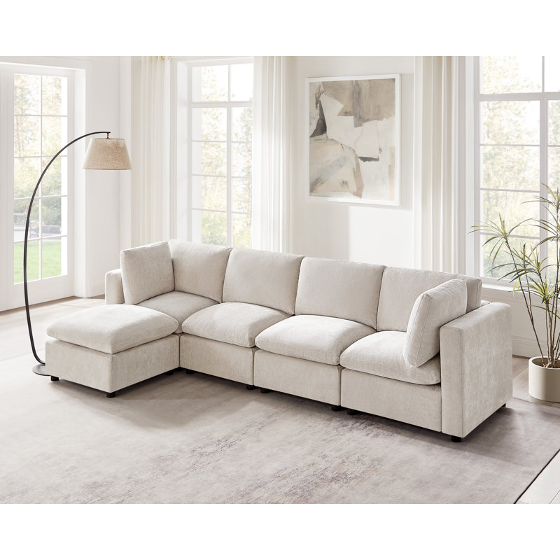 5-Piece L-Shaped Upholstered Sectional, Modular Sofa, Beige Polyester Blend