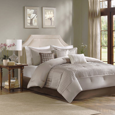 7 Piece Polyester Charmeuse Comforter Set Taupe Queen