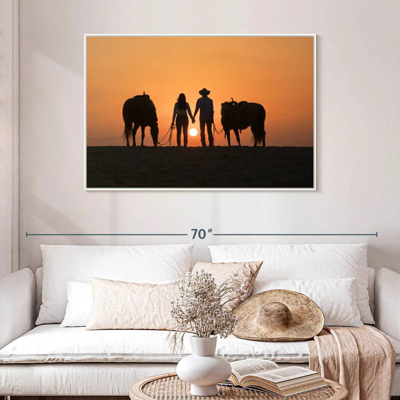 Couple de cowboys, 46 po x 31 po, Cadre flottant blanc