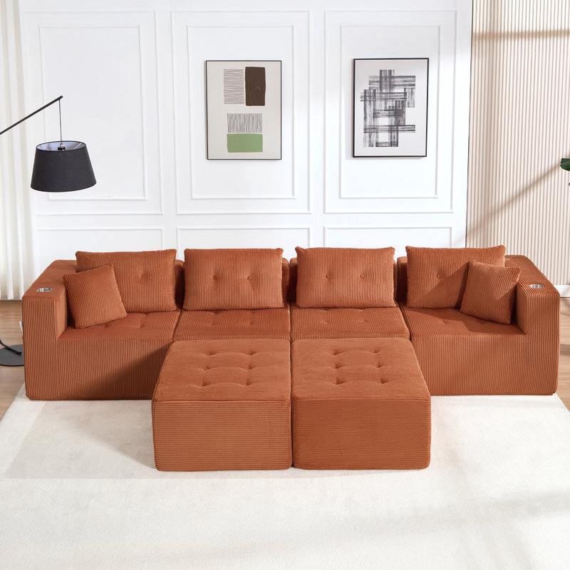 Canapé modulaire confortable en forme de U de 129 po de largeur avec porte-gobelets - Luxueux 6 pièces revêtu de velours côtelé pour une détente ultime dans votre salon