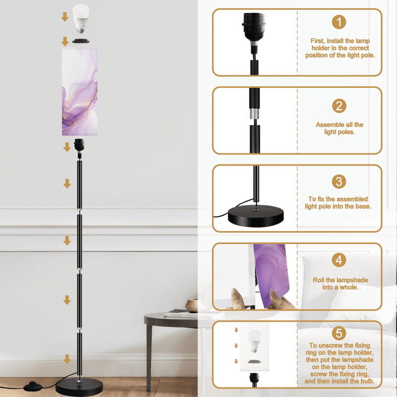 Lampe sur pied en marbre aux lignes dorées mauves à intensité variable moderne avec télécommande et pédale abat-jour abat-jour grand poteau d'angle pour le salon, la chambre et le bureau