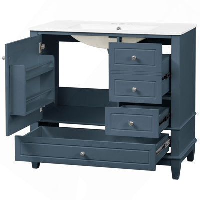 36" Bathroom Vanity with Ceramic Sink, MDF & Solid Wood Base, 3 Drawers & Cabinet with Shelves, Blue Gray Painted Finish, Freestanding Vanity Cabinet with 4-Inch Faucet Holes