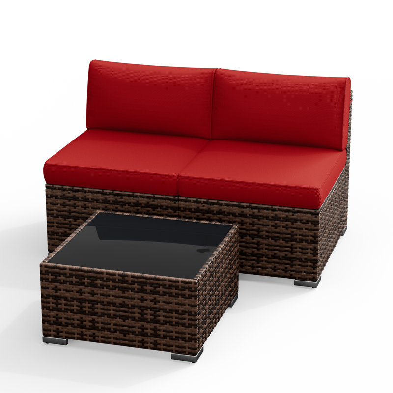 Comanche 26.3" H 3-Piece Outdoor Seating Group with PE Wicker and Steel Frame., Burgundy