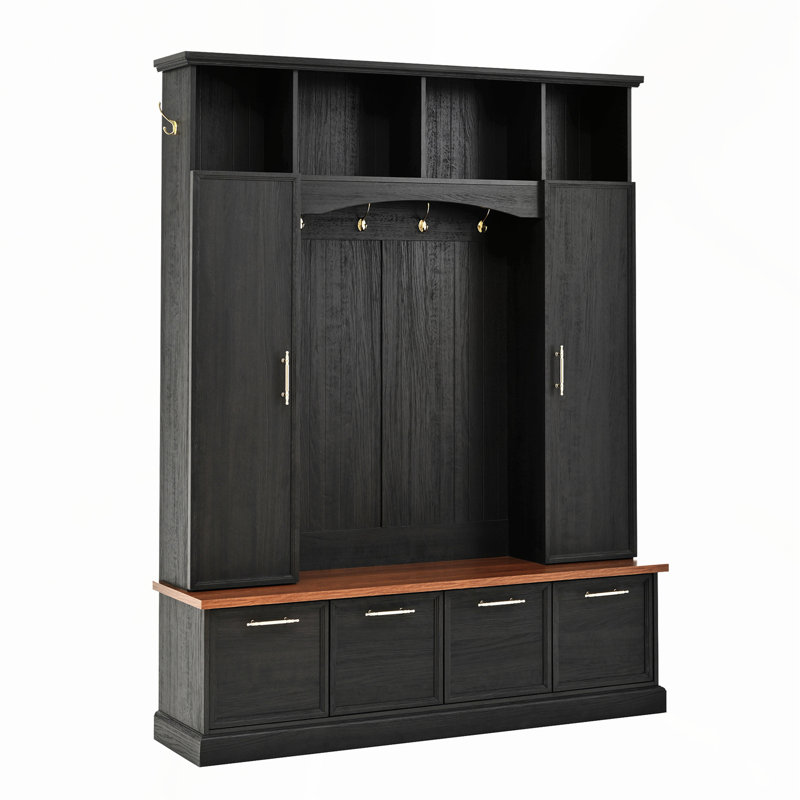 4-IN-1 Elegant 59" Wide Hall Tree with Golden Hooks & Handles, Practical Entryway Walnut Bench with Adjustable Shelves, 76.7"H Farmhouse Wooden Style Coat & Shoe Rack for Mudroom, Living Room, Black