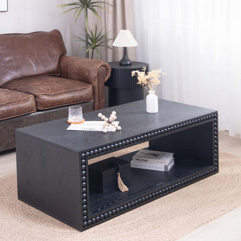 47.6" Rectangular Beaded Edge Coffee Table with Open Storage Shel, Black
