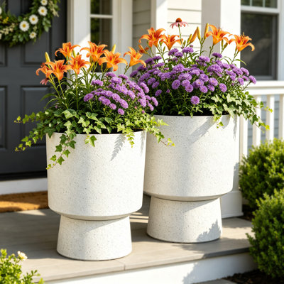 16.75" Modern Urn Outdoor Planters, Flower Pots for Outdoor Indoor Plants, 2-in-1 Design, White Terrazzo-Look