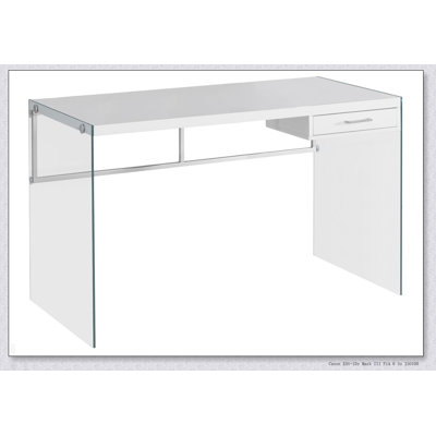 Bureau d'ordinateur contemporain en verre avec tiroir de rangement, parfait pour le bureau personnel et l'ordinateur portable, améliorant les espaces de travail modernes.